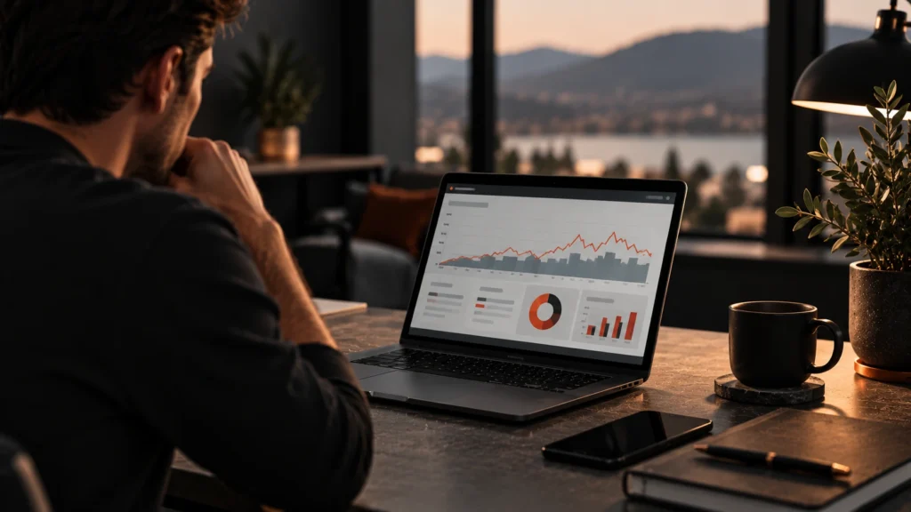 Business owner reviewing website traffic and lead generation data