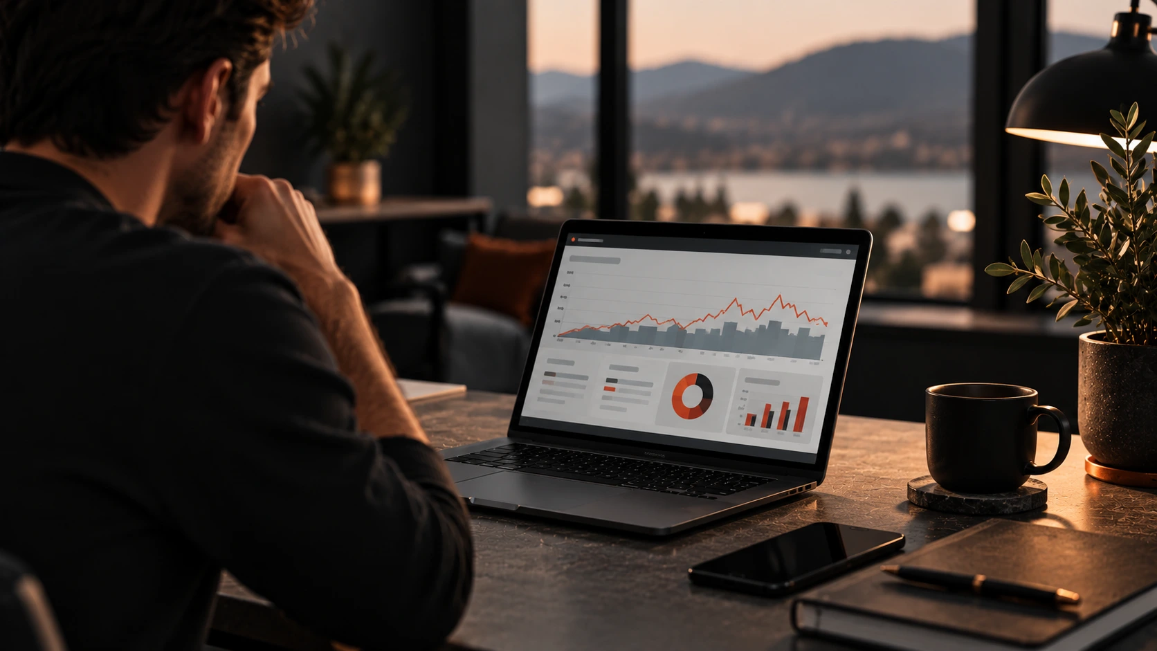 Business owner reviewing website traffic and lead generation data